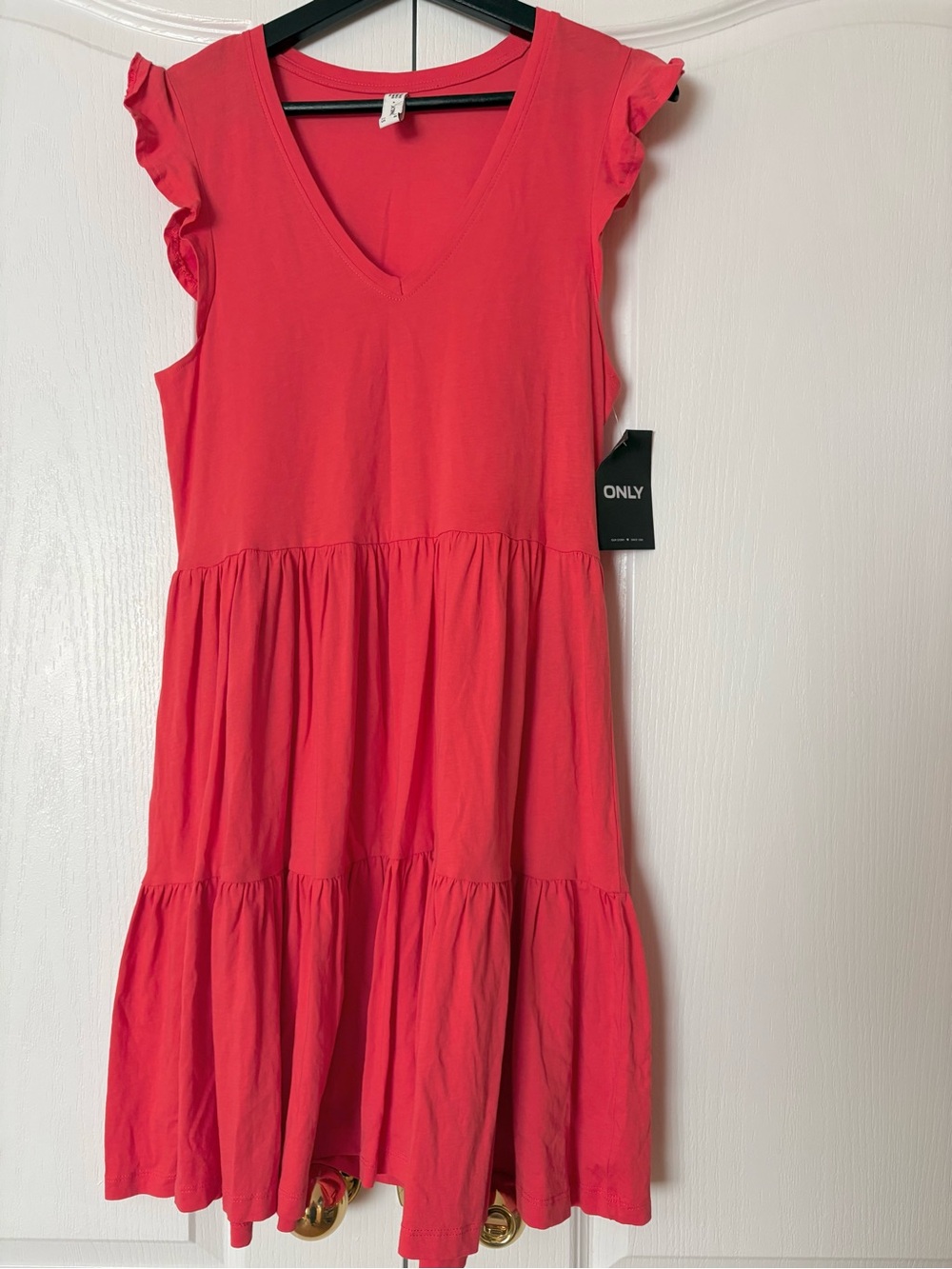 ONLY Girls' Bright Coral Pink Tiered V-Neck Dress